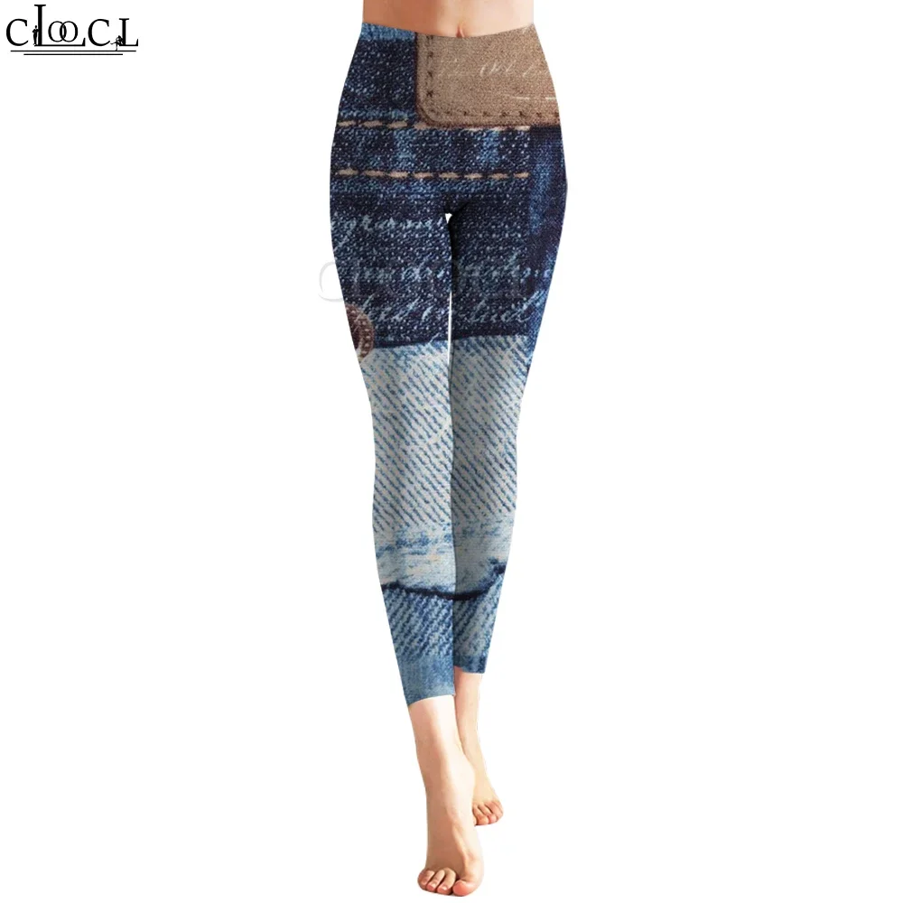 CLOOCL Women Legging Old Denim Print High Waist Workout Trousers for Lady Gym Workout Lift Hips Cycling Jogging Pants
