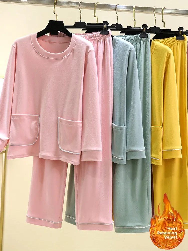 

Thickened Fleece Pajamas Set for Women Home Wear Long Sleeve with Pocket Winter Warm Sleepwear Casual Style round Neck Design