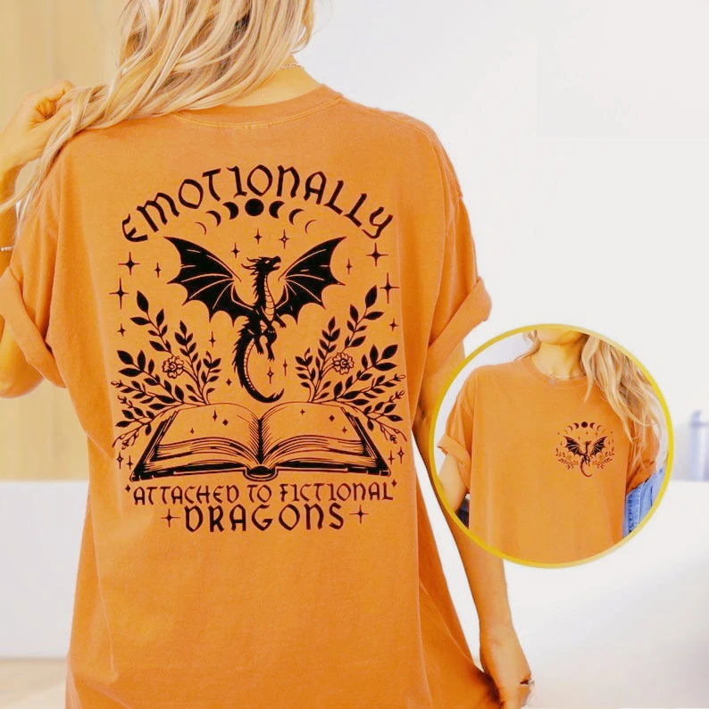 

Emotionally Attached To Fictional Fourth Wing Dragons T-Shirt Fantasy Bookish Dragon Rider Book Club Tees Summer Cotton Tees Top