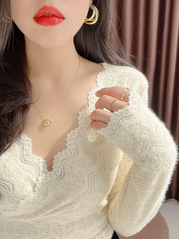 

Женская кружевная базовая блузка с цветочным узором в корейском стиле, осенне-зимняя, с низким V-образным вырезом, сексуальная, из чистого кружева, с V-образным вырезом на спине