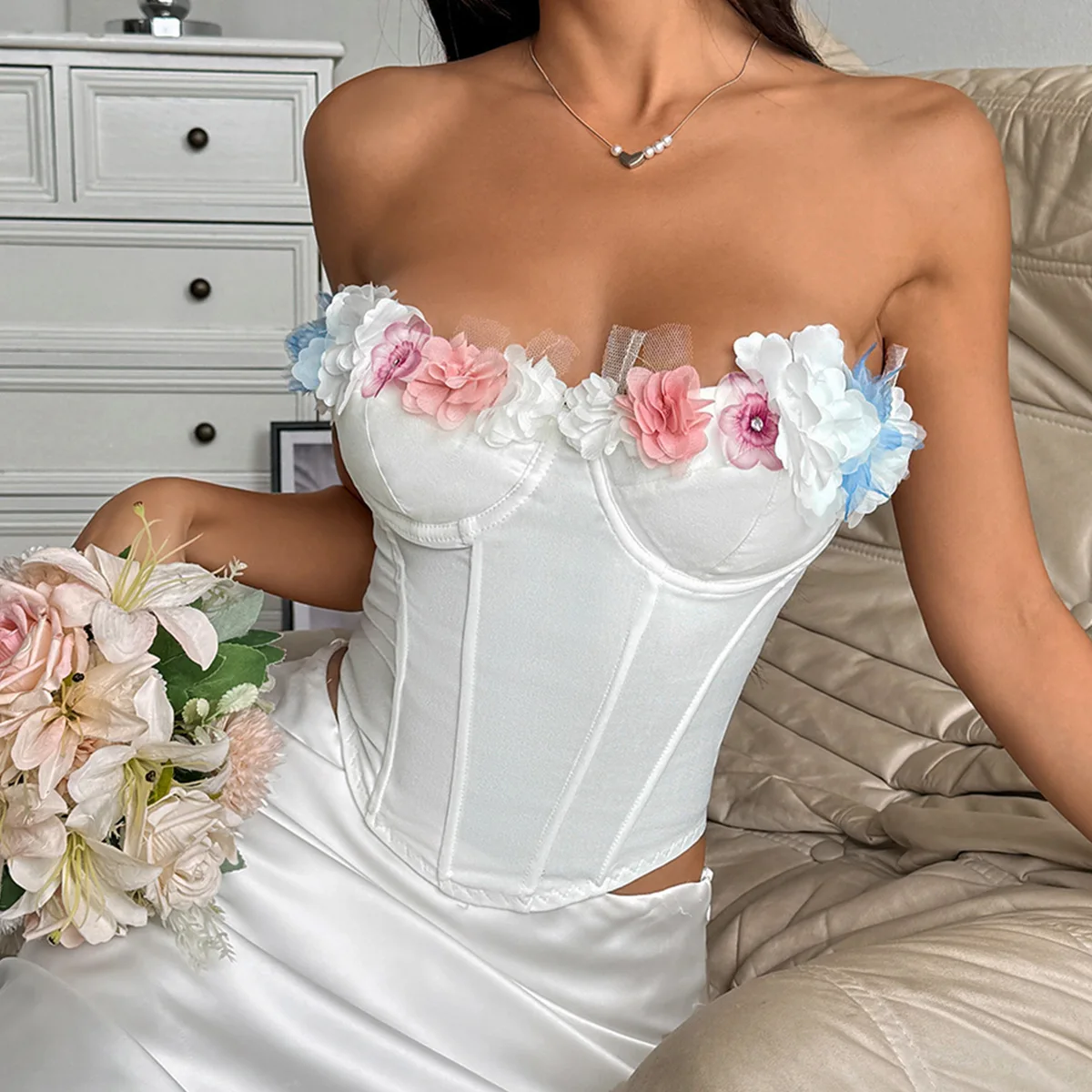 

Женский французский элегантный корсет с цветочным принтом без бретелек, топ на бретельках, облегающий камзол, клубная одежда, корректирующее белье, бюстье, летний уличный жилет