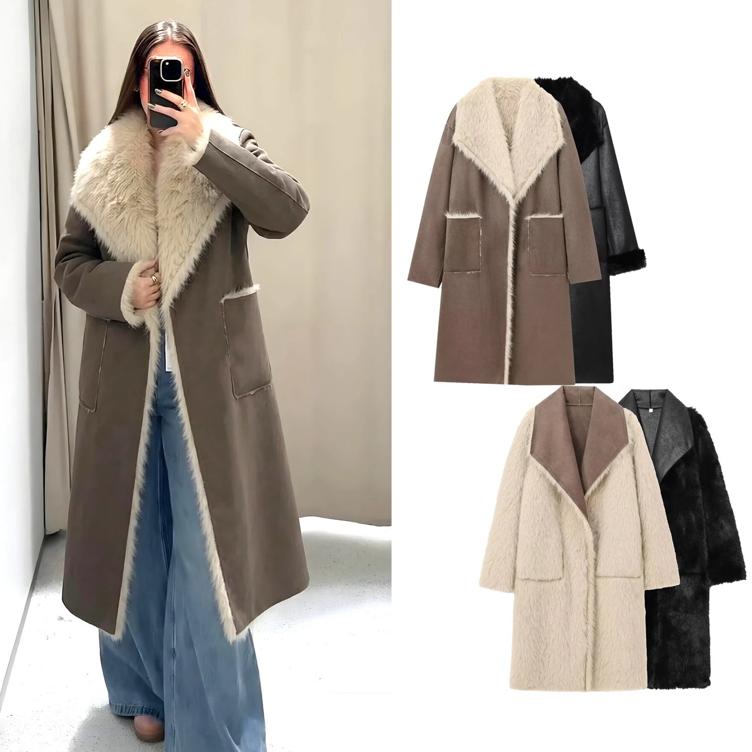 Women Casual Warm Faux Fur Overcoat Autumn Winter Female Fashion  Long Coat With Pockets Lady Chic Double Sided Street Outerwear