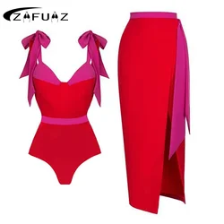 ZAFUAZ 2024 Sexy Tie-shoulder Color Block One Piece Swimsuit Swimwear Skirt Women Luxury Bikinis Set Swimsuit Beach Bathing Suit