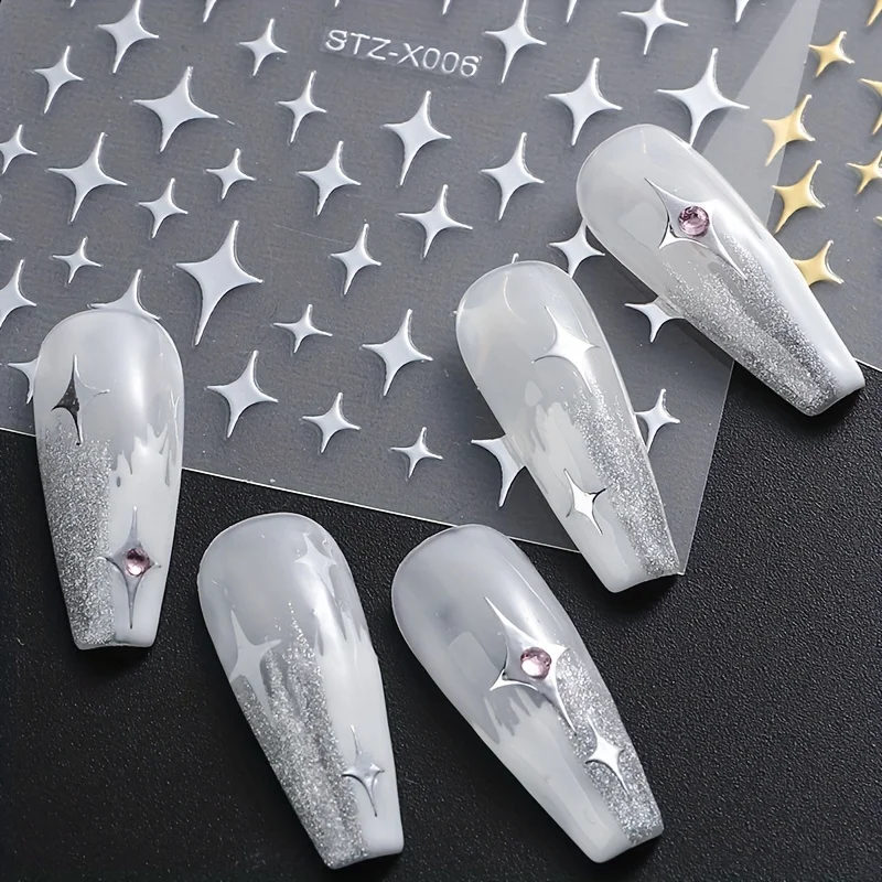 1/4 PCS 3D Metal Silver Golden Starburst  Nails Stickers Manicure French Nail Art Decoration Decal Y2K Nail Art Tips Nail Charm