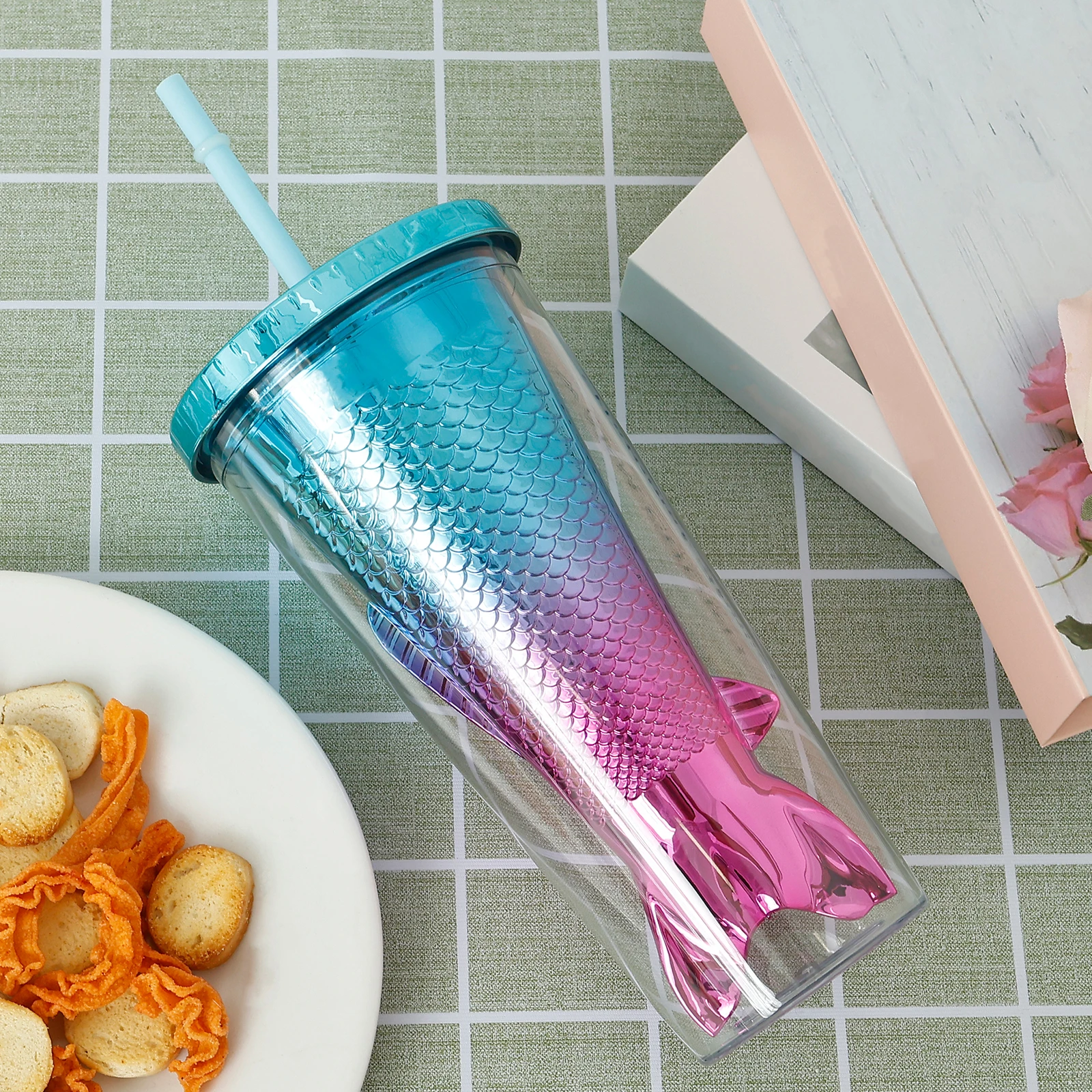 ABS Mermaid Tail Tumbler Double Mermaid Tail Straw Cup 350ml Gradient Straw Cup Leak Proof Glitter Water Mug for Party for Kids