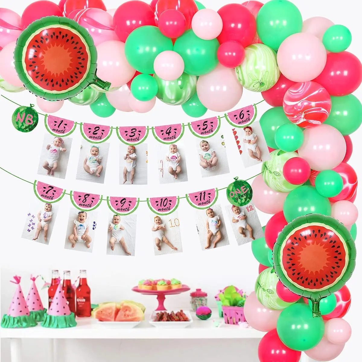 

Watermelon Birthday Decorations Pink One In A Melon Balloon Garland Monthly Photo Banner for Girls First Birthday Party Supplies