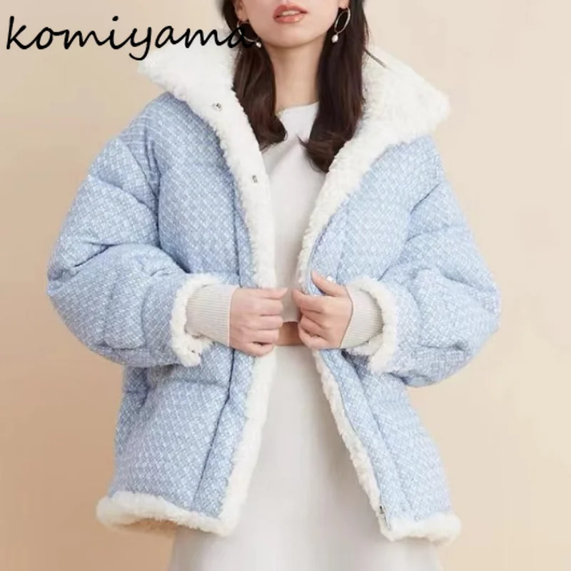 Vintage Elegant Thicked Warm Jacket Women Spring Winter Casual Tweed Down Jackets Lapel Plush Coat Long Sleeve Parkas Women