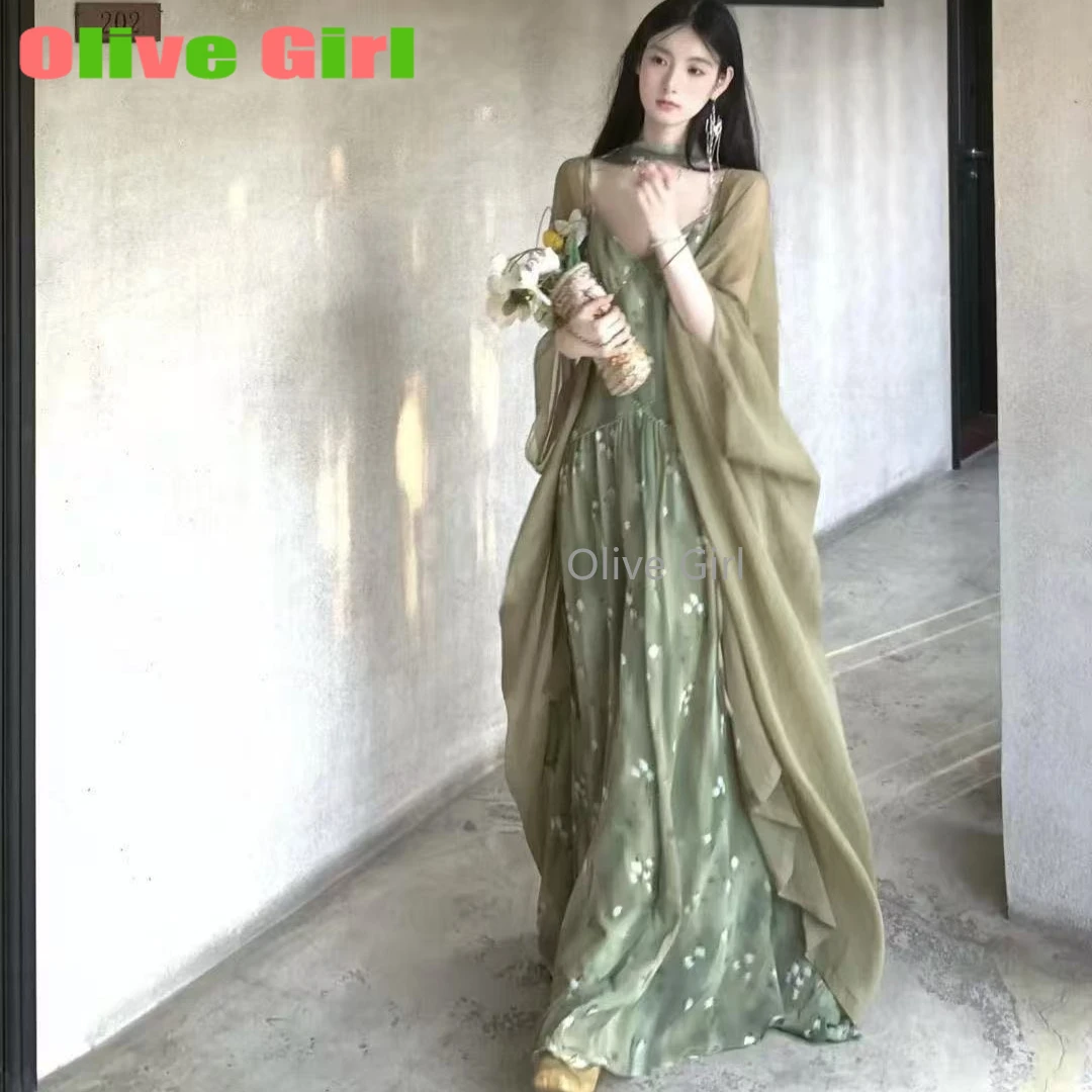 Olijfgroene meisjesjurk voor dames 2025, zomer Franse elegante vakantie, bloemen, V-hals, groen hemdjejurk, zonwerend vest