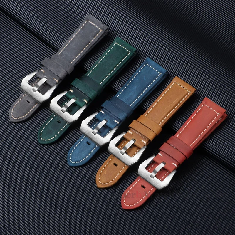 عالية الجودة جلد البقر سوار من الجلد 20 22 24 26 مللي متر الرجال حزام ساعة اليد ريترو حلقة من جلد لبانيراي كريزي هورس الرياضة سوار