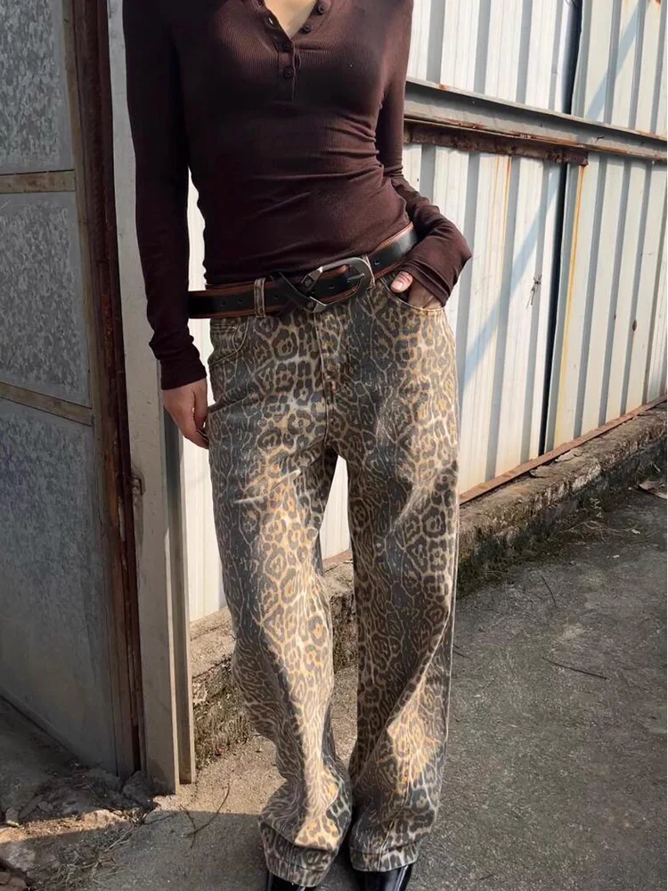 Leopard Print Washed Distressed Wide Leg Pants Female Fashion Street Slim Women Jeans Casual High Waist Spring Y2K Woman Jeans