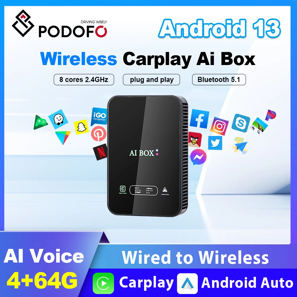 

Podofo Carplay Ai Box 4GB+64GB Android 13.0 Wireless Android Auto CarPlay For Car With OEM CarPlay