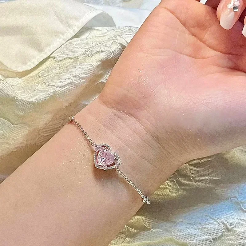 Shining Pink Rhinestone Heart Bracelet Girls Y2K Fairy Delicate Elegant Adjustable Bracelet Women Party Fashion Jewelry Gift