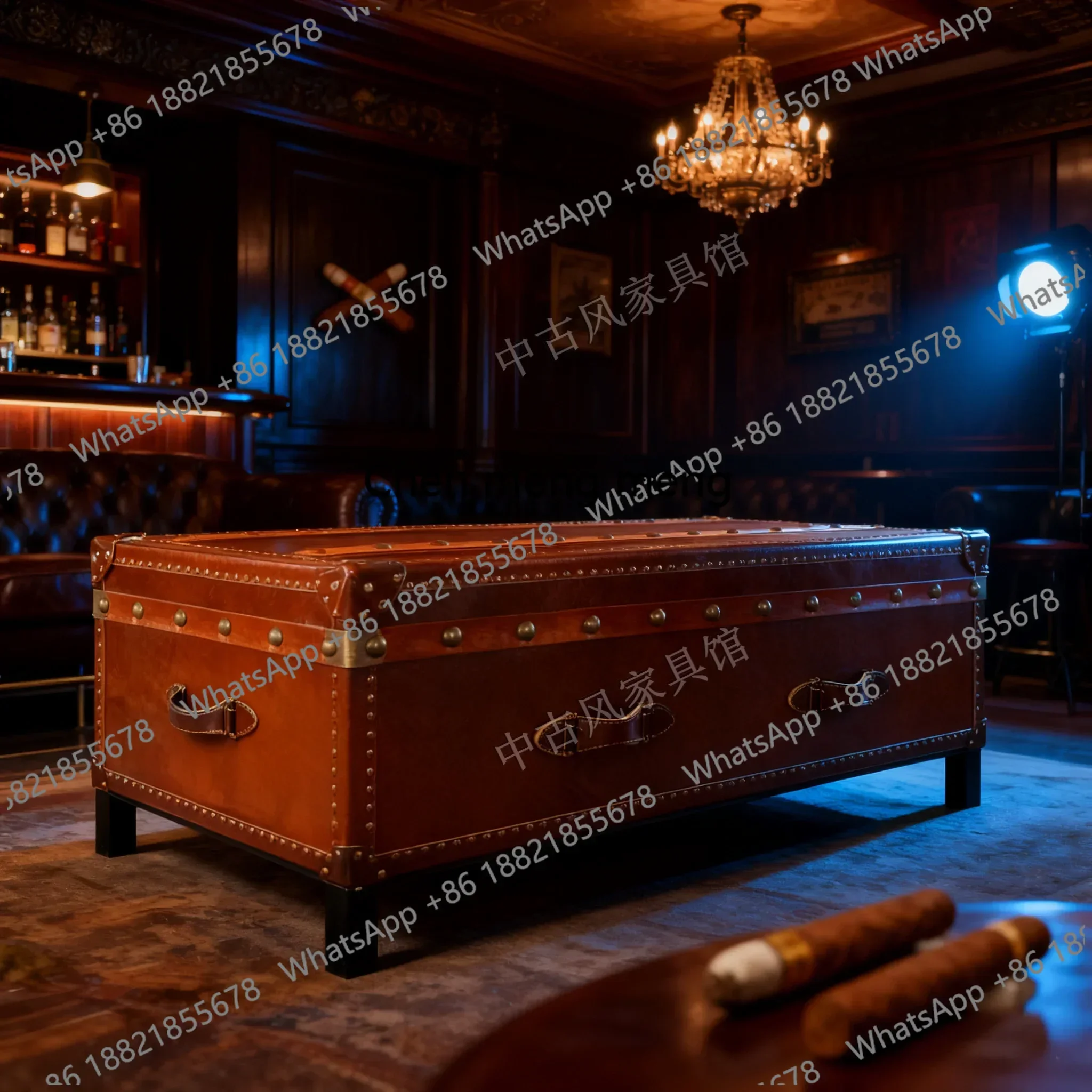 z0189  Medieval retro leather coffee table square storage box metal rivet decoration wood oil wax leather coffee table