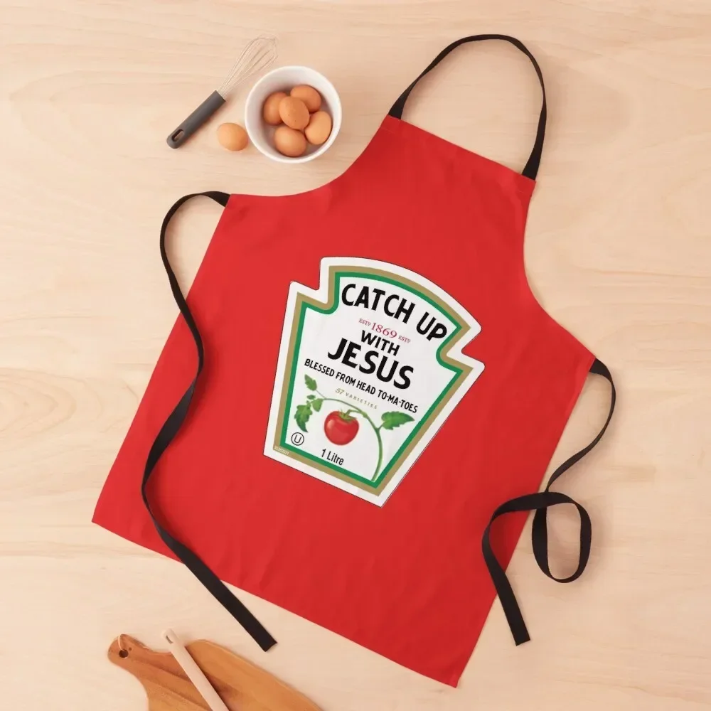 Funny Catch Up With Jesus Ketchup Christian Joke Apron Restaurant Beauty Waterproof Barber Apron