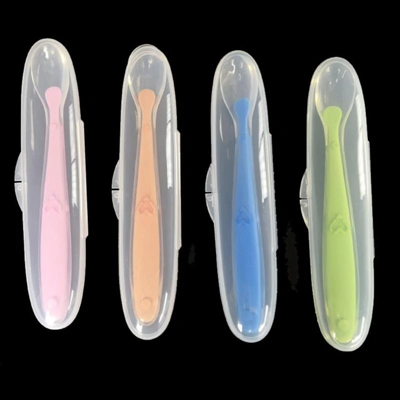 

J15U детская мягкая силиконовая ложка с коробкой для хранения, ложка ярких цветов, детская ложка для кормления, обучающая посуда