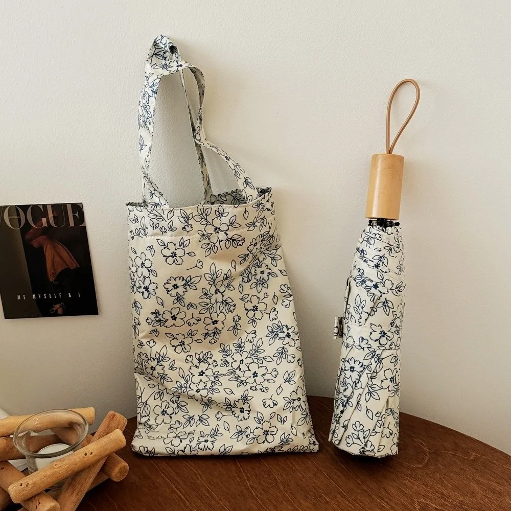 Portable Flower Print Folding Umbrella UV Protection Windproof Sun Umbrella Rain Protection Handheld Rain Umbrella Outdoor