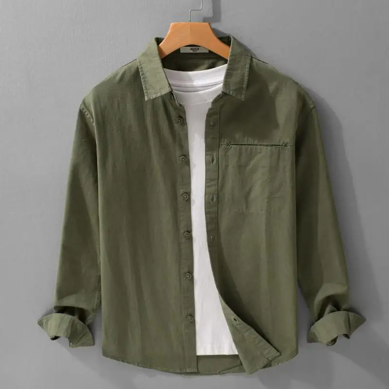 Moda juventude masculina longo sweed irts workwear solto ajuste algodão ket detalhe casual longo sve botão até cor pura