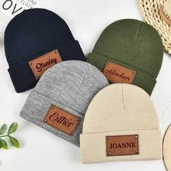 Personalized Engraved Leather Winter Beanie Hat Baby Beanie with Name Custom Youth Child Gift Knitted Hat Gift Adults BeaniesHat