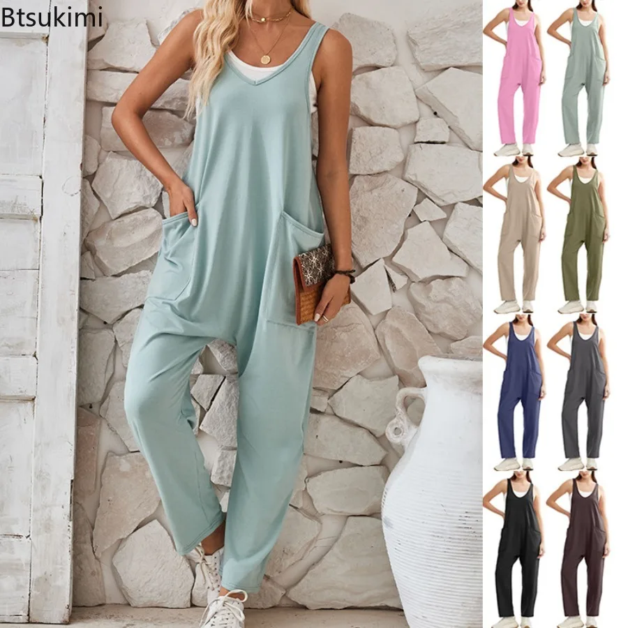 

Новые летние женские комбинезоны с эластичными бретелями, стильные однотонные трикотажные комбинезоны с бретелями, повседневные брюки с большими карманами, прямые комбинезоны для женщин.