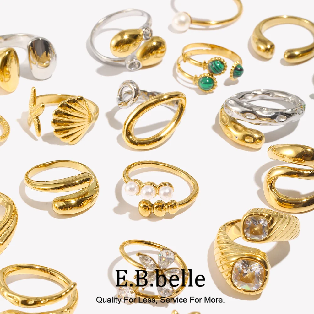 E.B.belle Heart Clear Zircon Flower Pearl Double Snake Heads Open Ring 18K Gold Plated Stainless Steel Party Women Jewlery