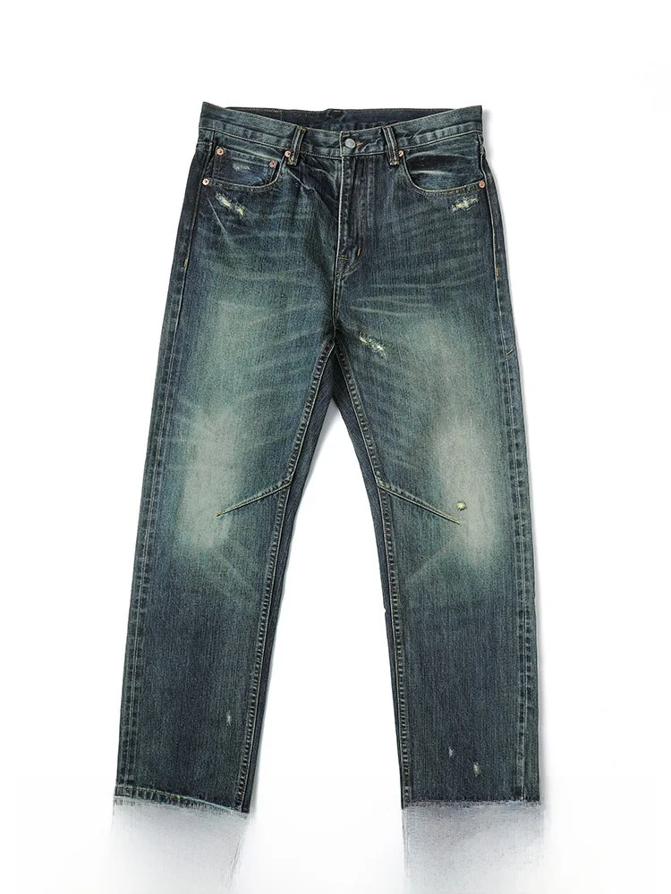 

MBBCAR Narrow Straight Leg Blue Denim Jeans Heavy Washed Retro American Style Youthful Cotton Trousers for Young Men