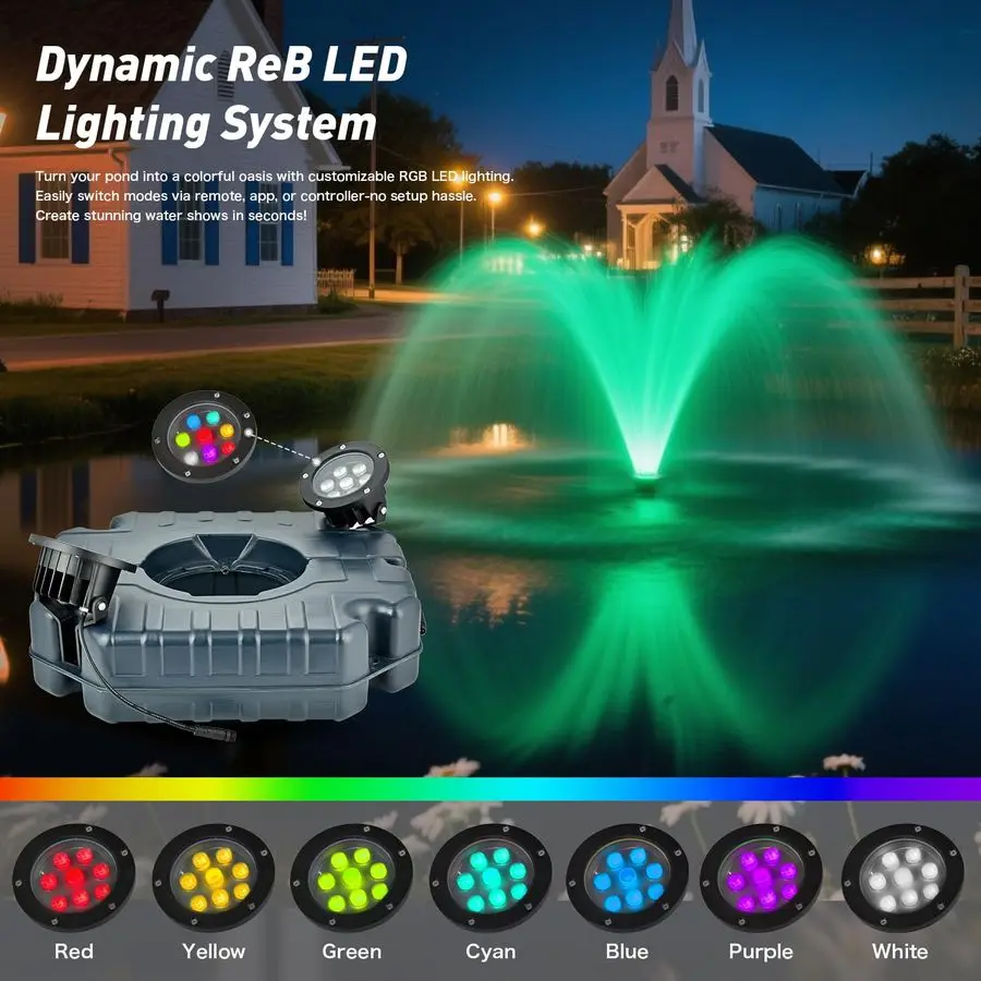 LED Pond Fountain with RGB Lighting System, Stainless Steel Rotor, AllCopper Motor, Remote Control, Dynamic Color Changing, for