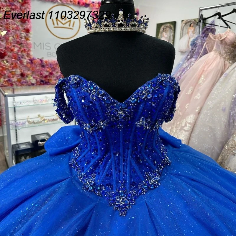 EVLAST Customized Royal Blue Quinceanera Dress Ball Gown Applique Sequins Beading Corset Sweet 16 Vestidos De XV 15 Anos TQD650