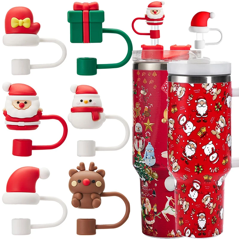 Silicone Christmas Straw Covers Cute cartoon Santa Snowman Straw Plug Tips Cover Reusable Dust-proof Cup Cap Home Party Decor