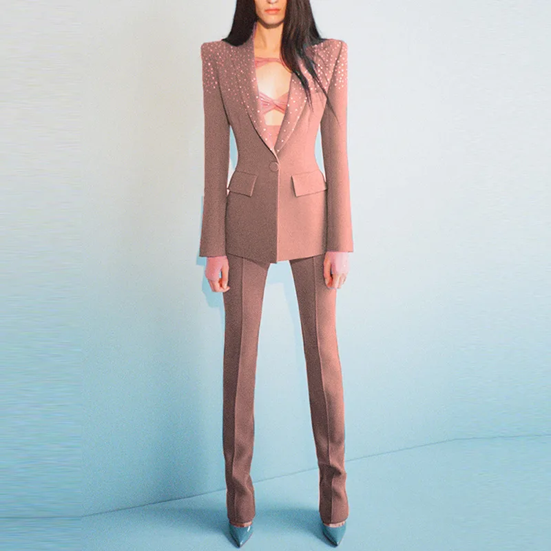 

Spring and Autumn 2023 New European and American Stars Fashion Hot Drill One Button Suit Pant Set Celebrity Wears Two Piece Set