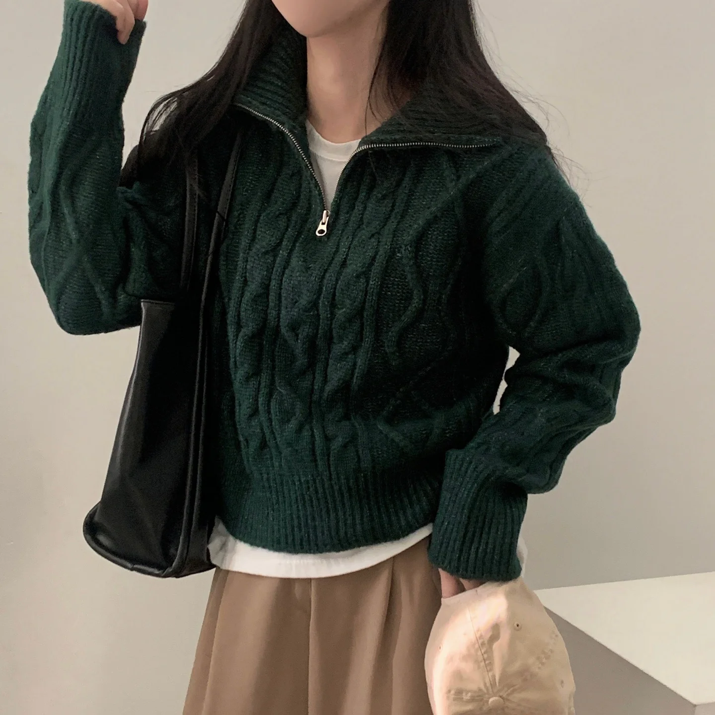 

Chic Knitted Sweater Women's f Zip High Collar Twist Flower Pure Color Simple Design Long Sve Commute Sle Top