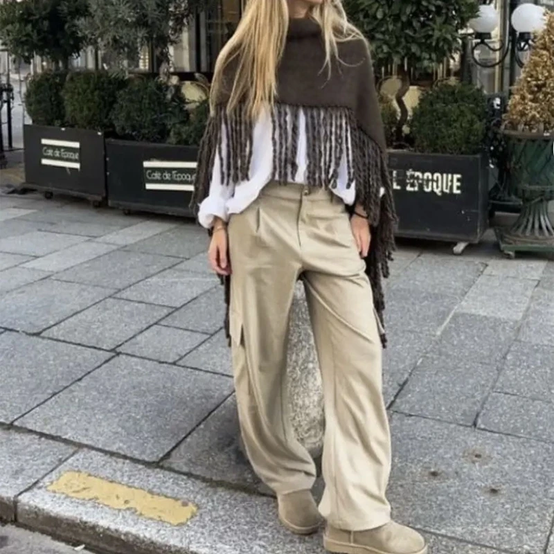 Combhasaki Damesponcho Wollen Sjaal Verpakt Cape Pashmina met Kwastjes Y2k Poncho Trui Gebreid Vest voor Herfst en Winter