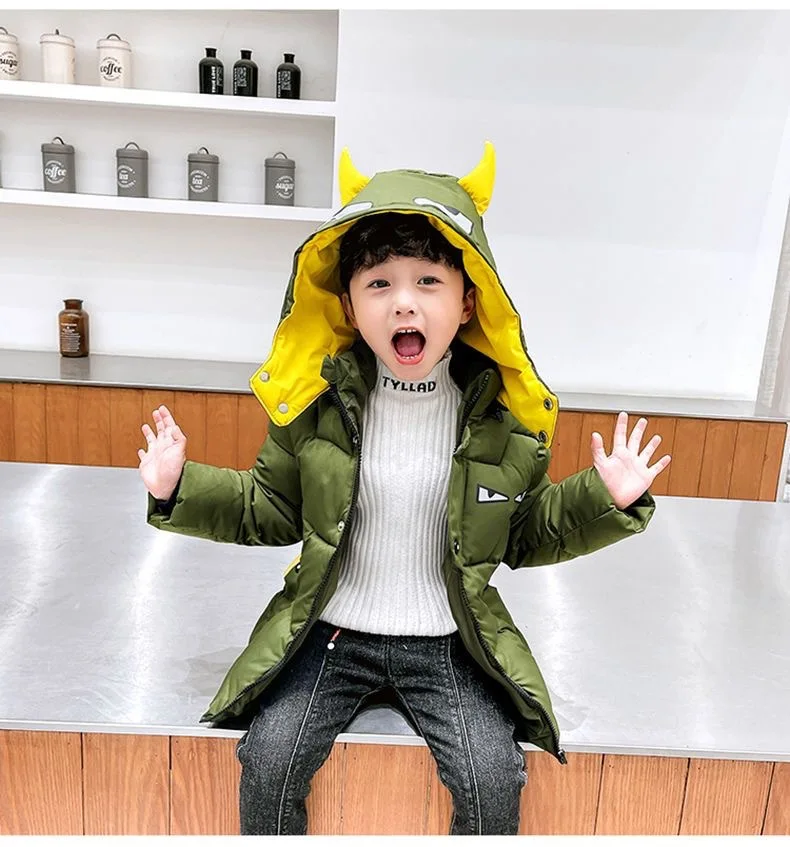 Cartoon Little Monster Boys Jacket Coat Overcoat Cotton 2024 Army Green Warm Thickened Winter Outwear Children\'s Clothing Cute