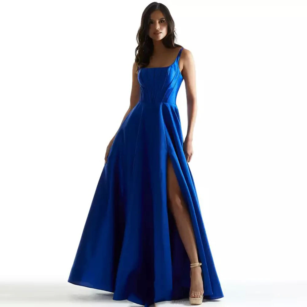 

Elegant Birthday Party Dresses Dark Royal Blue Satin Ruched Side Fork A-line Spaghetti strap Floor Length Dresses Gowns 2024