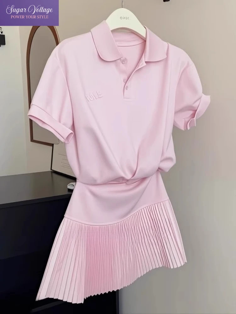 

Sweet Pink Polo Neck Short Sleeve Tops + High Waist Pleated Tennis Skirt Elegant Korean Fashion Summer Youthful 2 Piece Sets