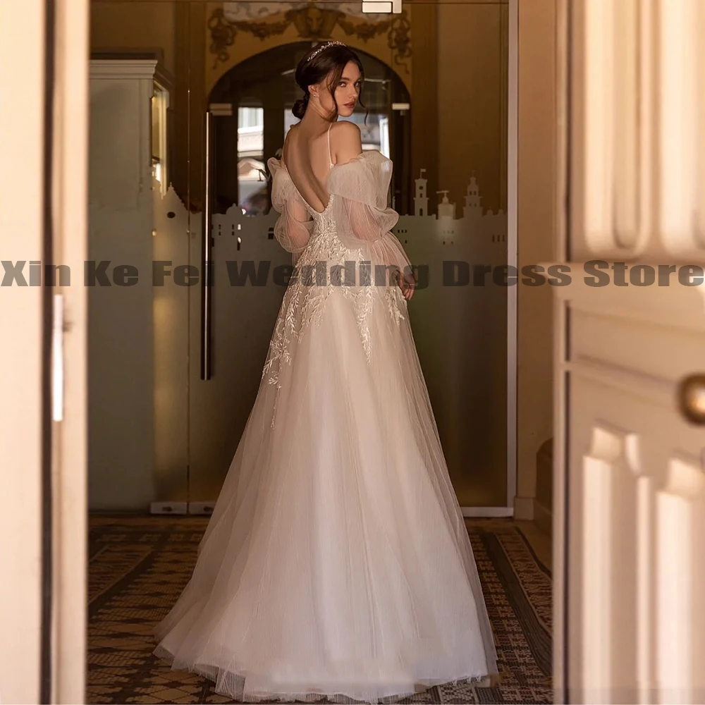 Eleganti abiti da sposa da donna Sweetheart manica lunga Tulle pizzo Spaghetti Strap Sexy Open Back Princess abiti da sposa Robe 0.