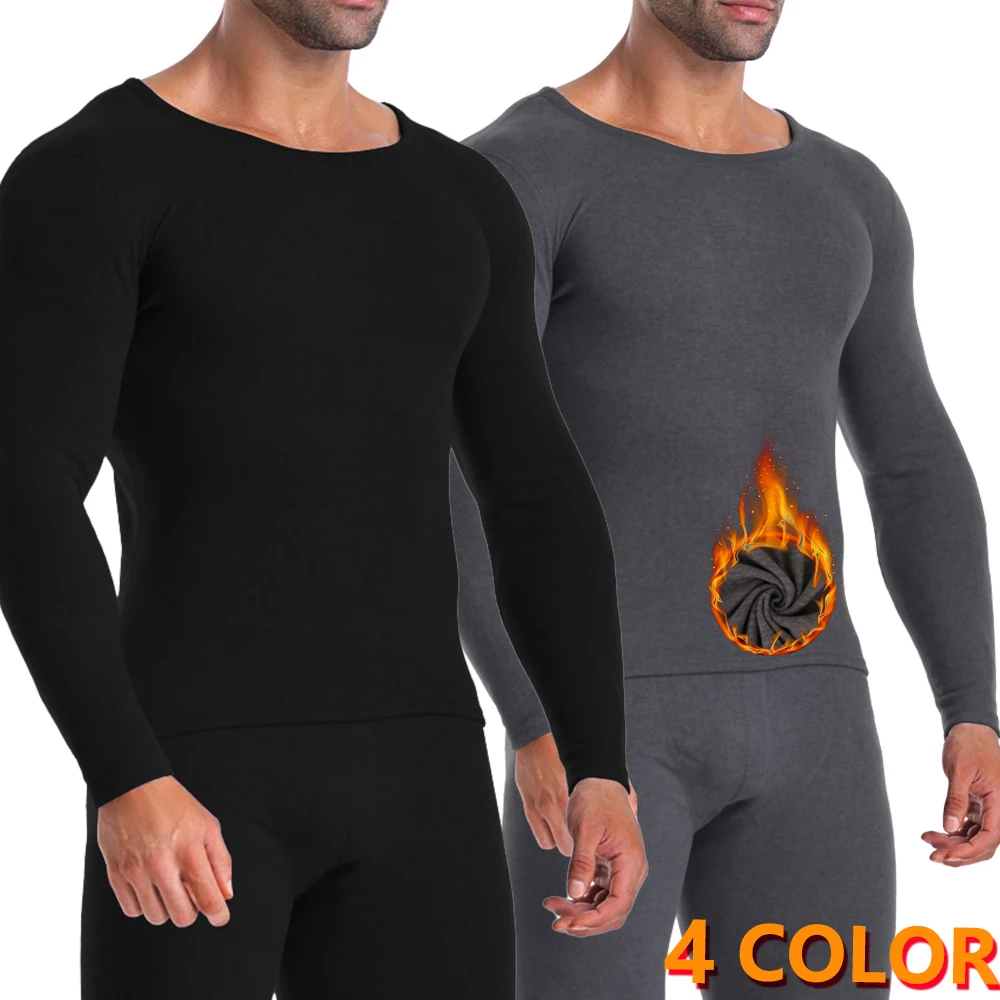 

Men's Autumn Winter Warm Suit Brushed Round Neck Long-Sleeved Top Trousers 2PCS Breathable Comfortable Pajamas Set Home Clothing