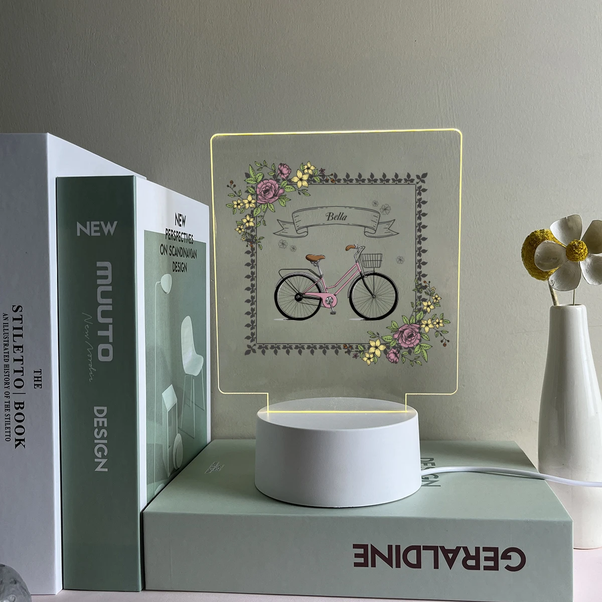 Luz Led nocturna con nombre personalizado para decoración de mesa y escritorio, lámpara acrílica Visual personalizada, regalo de Navidad, impresión UV de bicicleta de dibujos animados, 1 ud.