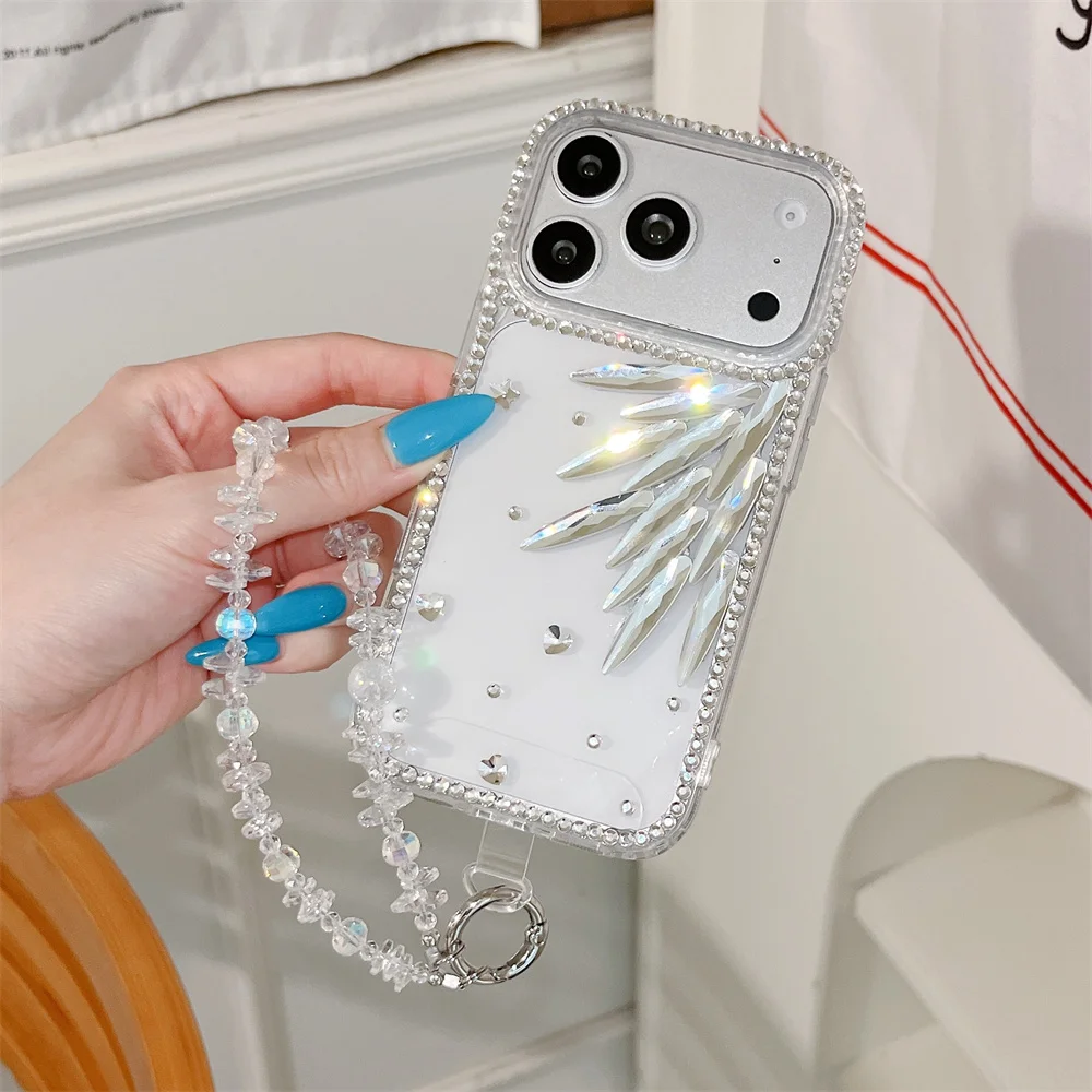 Luxury Cool Shimmer Slant Tear Crystal Rhinestone Clear Phone Case for 17 Pro Max Bead Wrist Strap Cover for iPhone 16 15 14 13