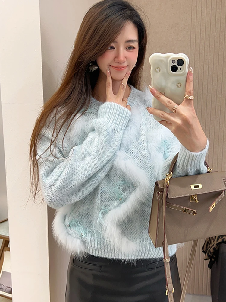 Nowa Moda Damska Jesienna Kurtka Sweter Płaszcz z Prawdziwego Futra Lisa Dzianina Długi Rękaw Dekolt O-Neck Odzież Uliczna Okrycie Wierzchnie