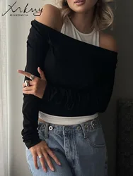 MiuKoMiYa Modal Long Sleeve T Shirts Women Vintage Elastic Tops Tees Ladies 2025 Spring Fake Two Pieces T Shirts For Women Black