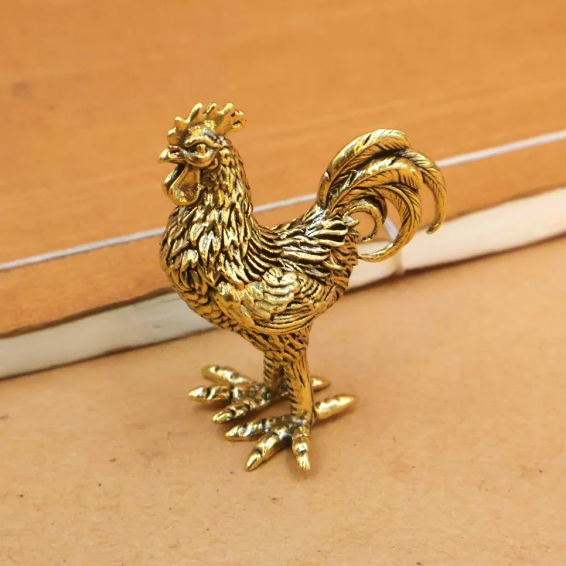 Pure Brass Rooster Hen Figurine - Golden Animal Brass Home Decor Office Gift Detailed Feathers Comb Table Ornament Tea Pet