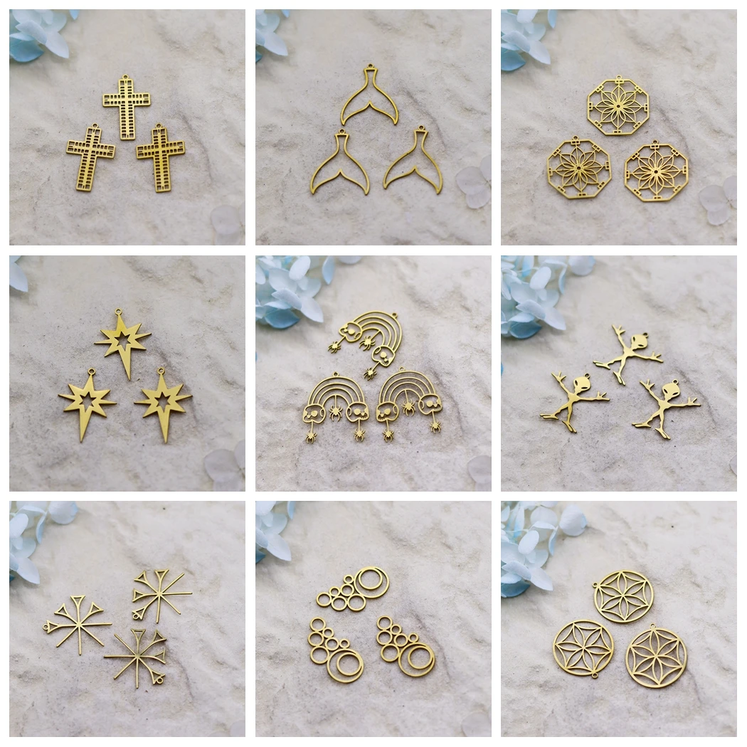 3pcs DIY Earrings Tassels Cross Stainless Steel Pendant ECG Alien Rainbow Charm For Jewelry Making Necklace Women Accessories
