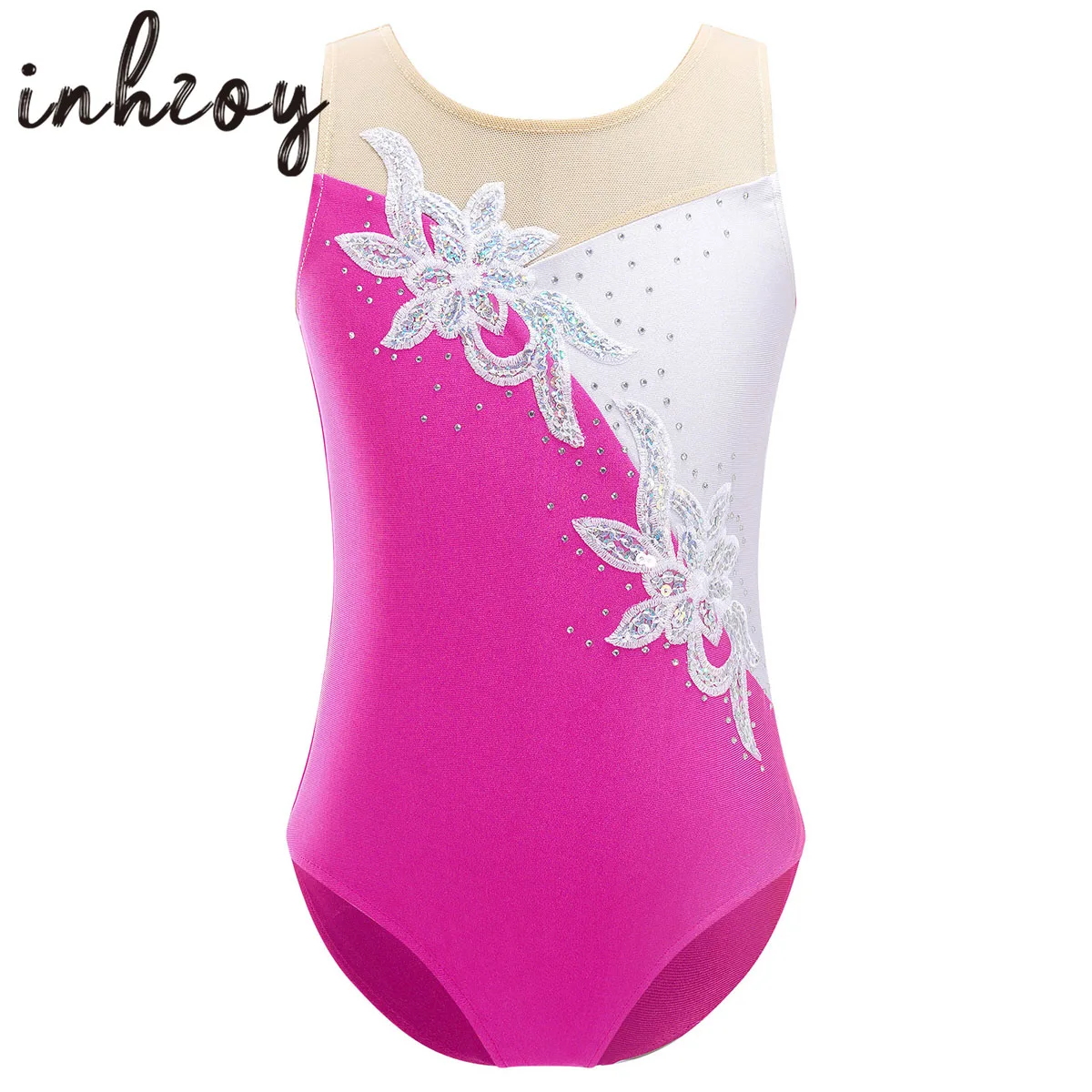 Kids Meisjes Pailletten Ballet Dans Turnpakje Gymnastiek Bodysuit Dancewear Mouwloze Mesh Diamanten Figuur Schaatsen Kleding