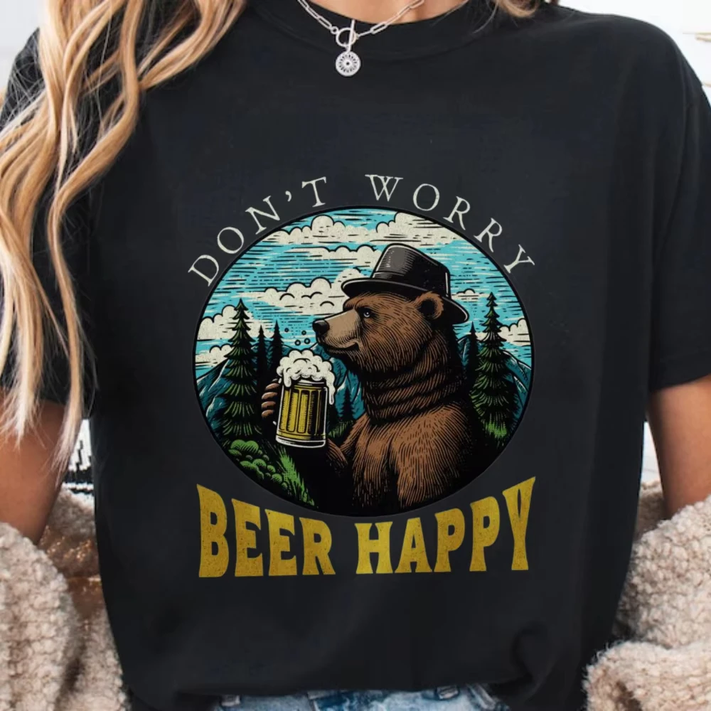 Don't Worry Beer Happy Forest Bear Graphic T Shirt Women Vintage Woodcut Mountain Circle Cotton Tees Outdoor Beer Lover Tops