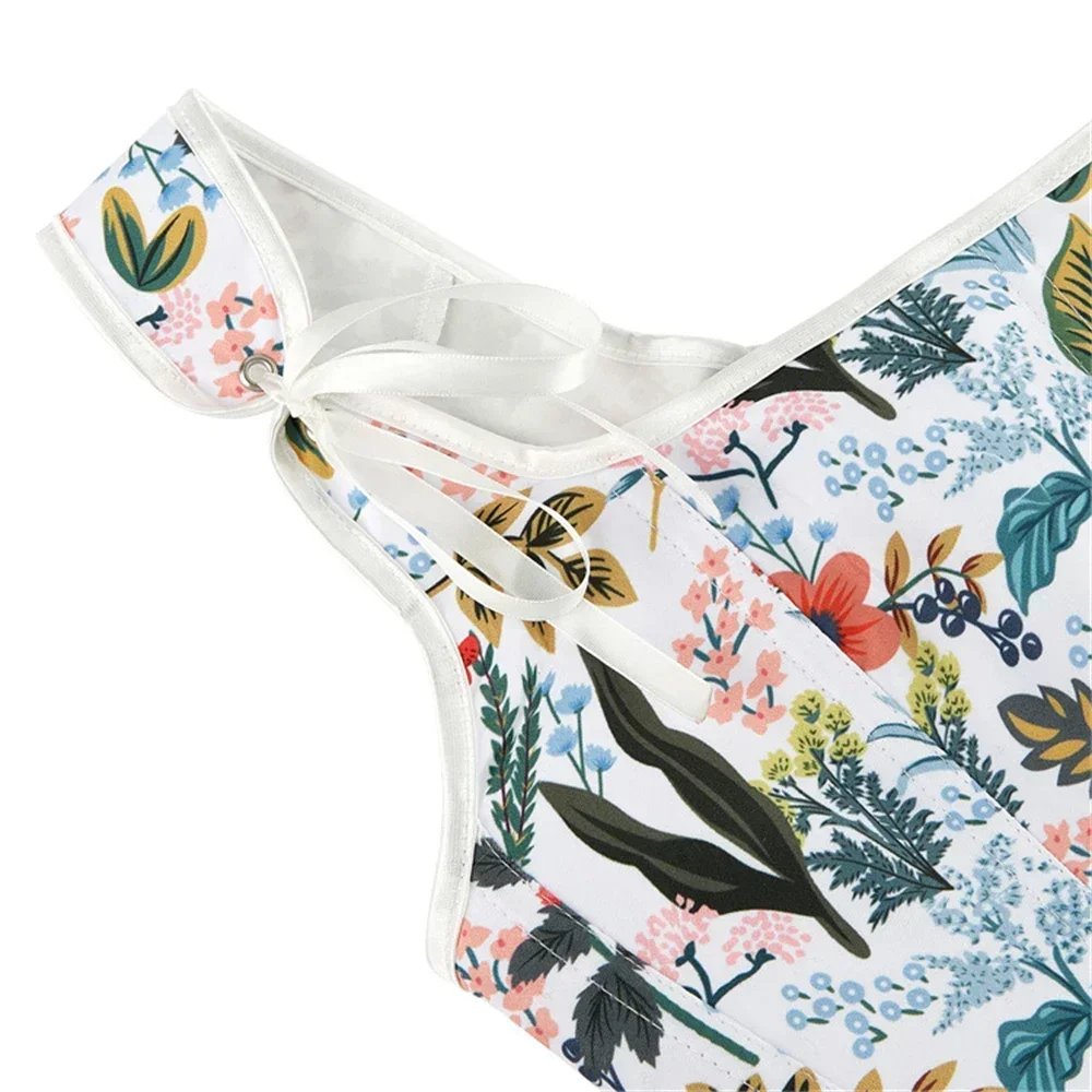 Women Elegant Boned Overbust Corset Crop Tops Vintage Flower Print Lace Up Bodice Slimming Shaper Shoulder Strap Bustier Vest view 3