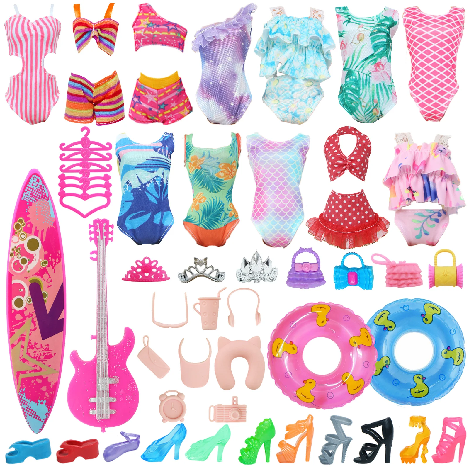 

41 шт., одежда для кукол, 11,8-дюймовый купальник для куклы, летние купальники, платье-бикини, доска для серфинга, обувь для гитары, вешалки, сумка, аксессуары, игрушка 30 см