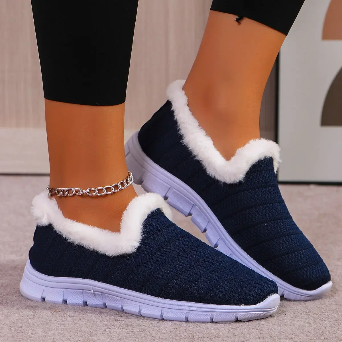 Women's Flat Bottom Knitted Wool Boots, Warm Fleece Lined Autumn Winter Flat Shoes