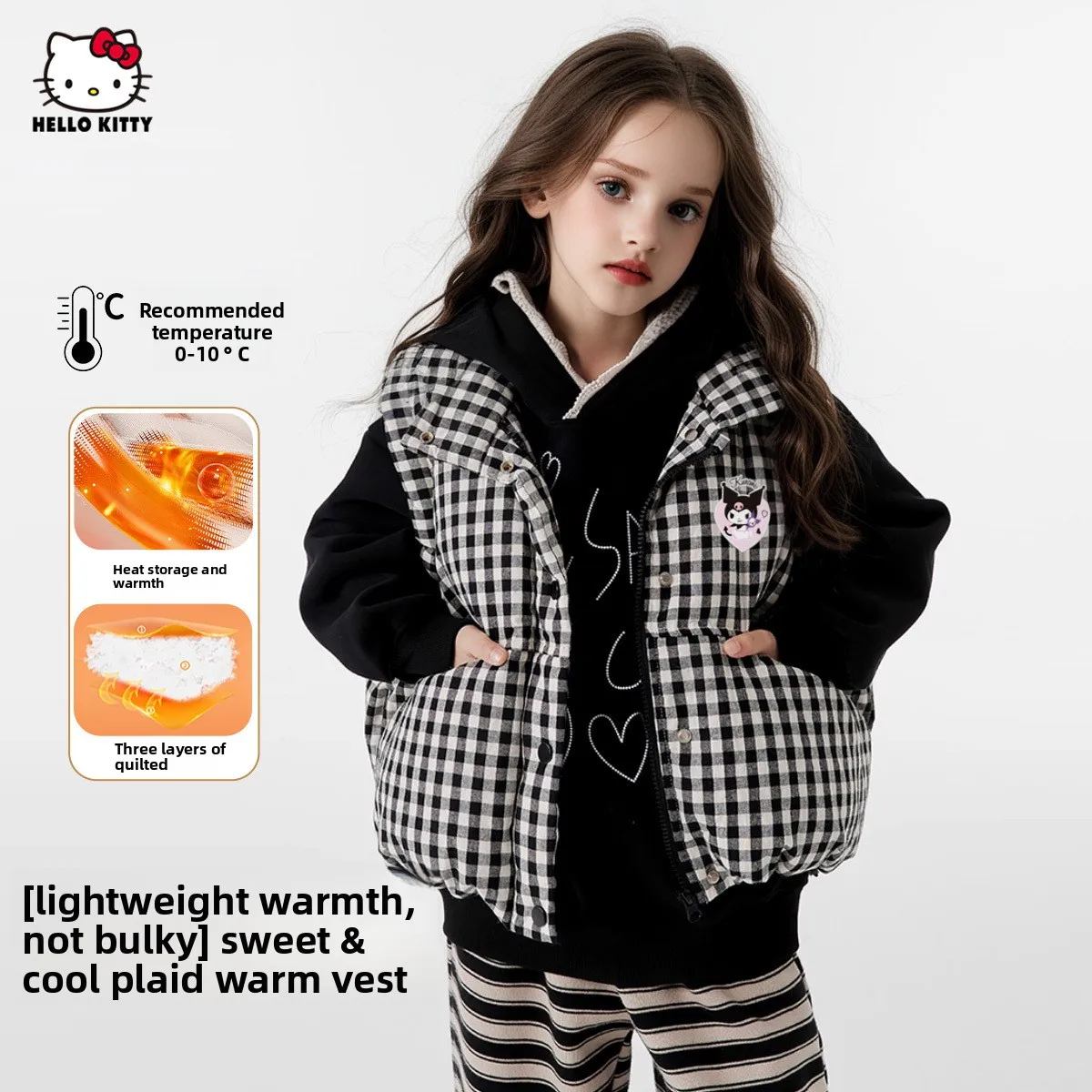 

Kawaii зимний мультфильм Kuromi вышитый женский жилет Y2k HelloKitty повседневный свободный хлопковый жилет на молнии