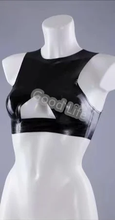 Handmade Natural Latex Woman Sleeveless Top  Sexy Lady  Front  Hollow  Vest Back Zipper Pure 0.4mm Sexy Latex Shirt