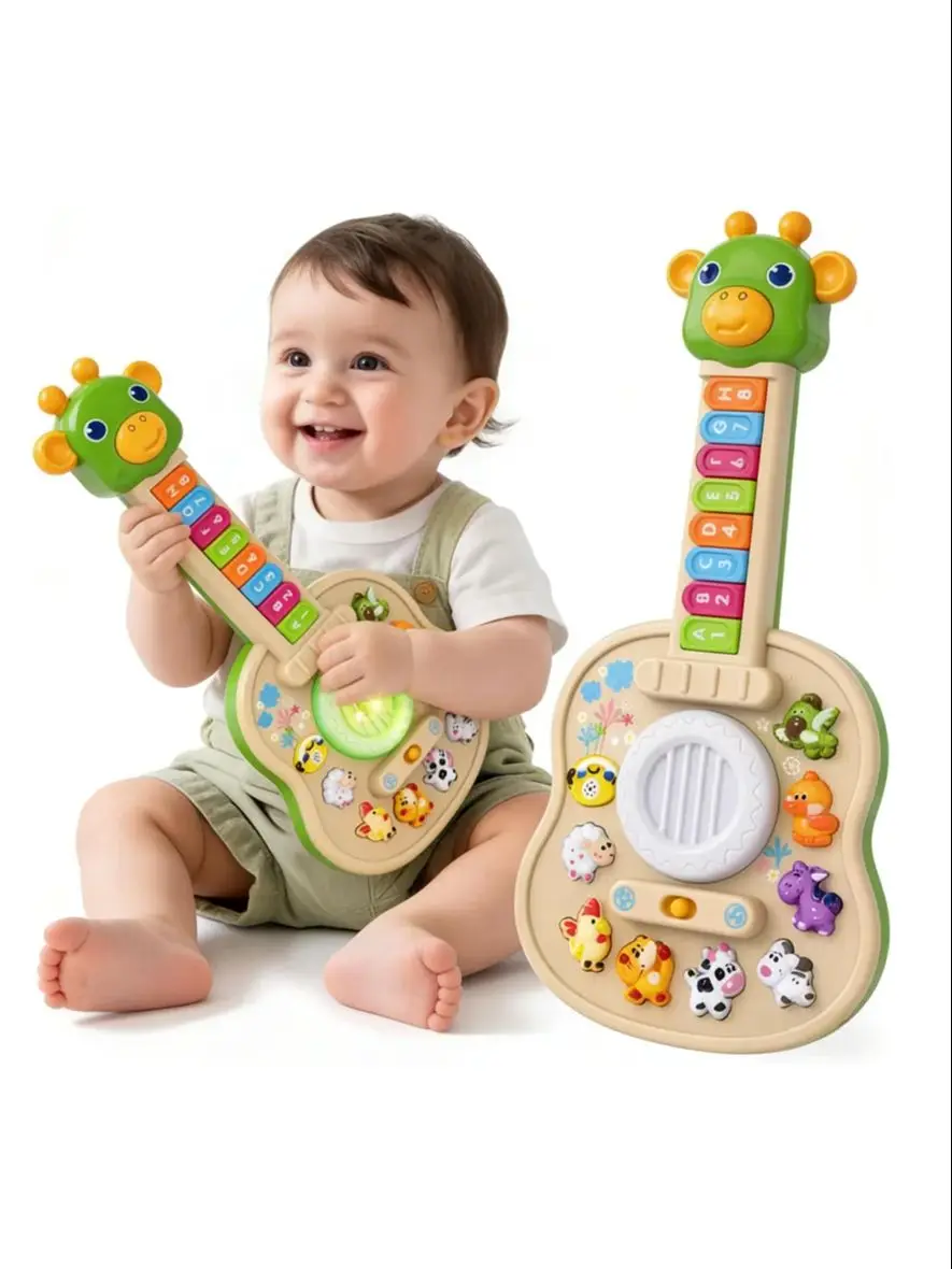 Elektroniczna gitara dla dzieci, pianinko dla niemowląt z dźwiękami zwierząt, rozpoznawanie kolorów, światła i melodyjne dźwięki, zabawka edukacyjna, zielona żyrafa — 2